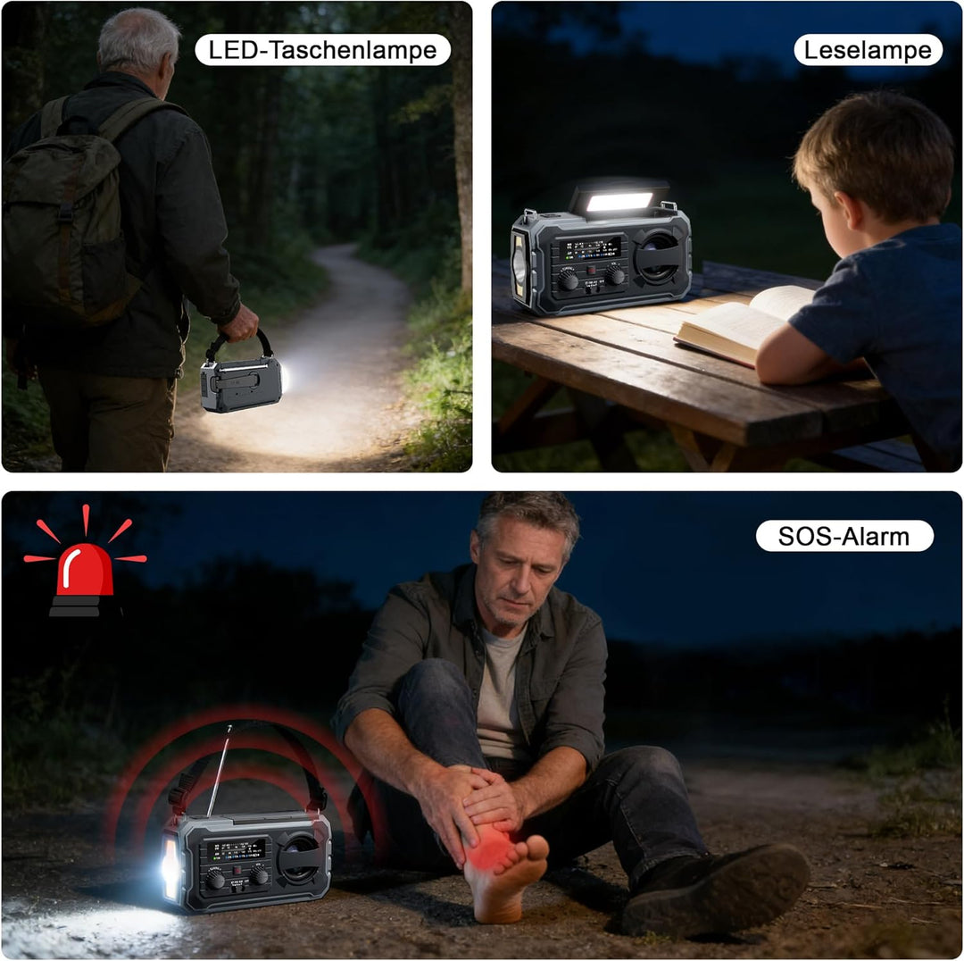 Kurbelradio, Tragbares Solarradio mit AM/FM, 10000mAh Powerbank, Notfallradio mit SOS-Alarm, LED-Tas