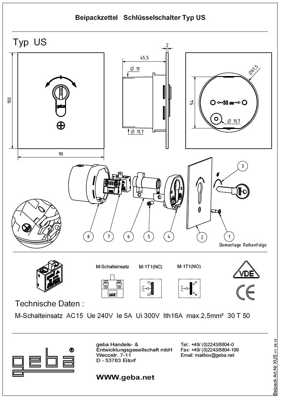 Schlüsseltaster Unterputz geba 2-seitig tastend US 1-2T/1 121.1301.1A, inkl. DIN Profilhalbzylinder