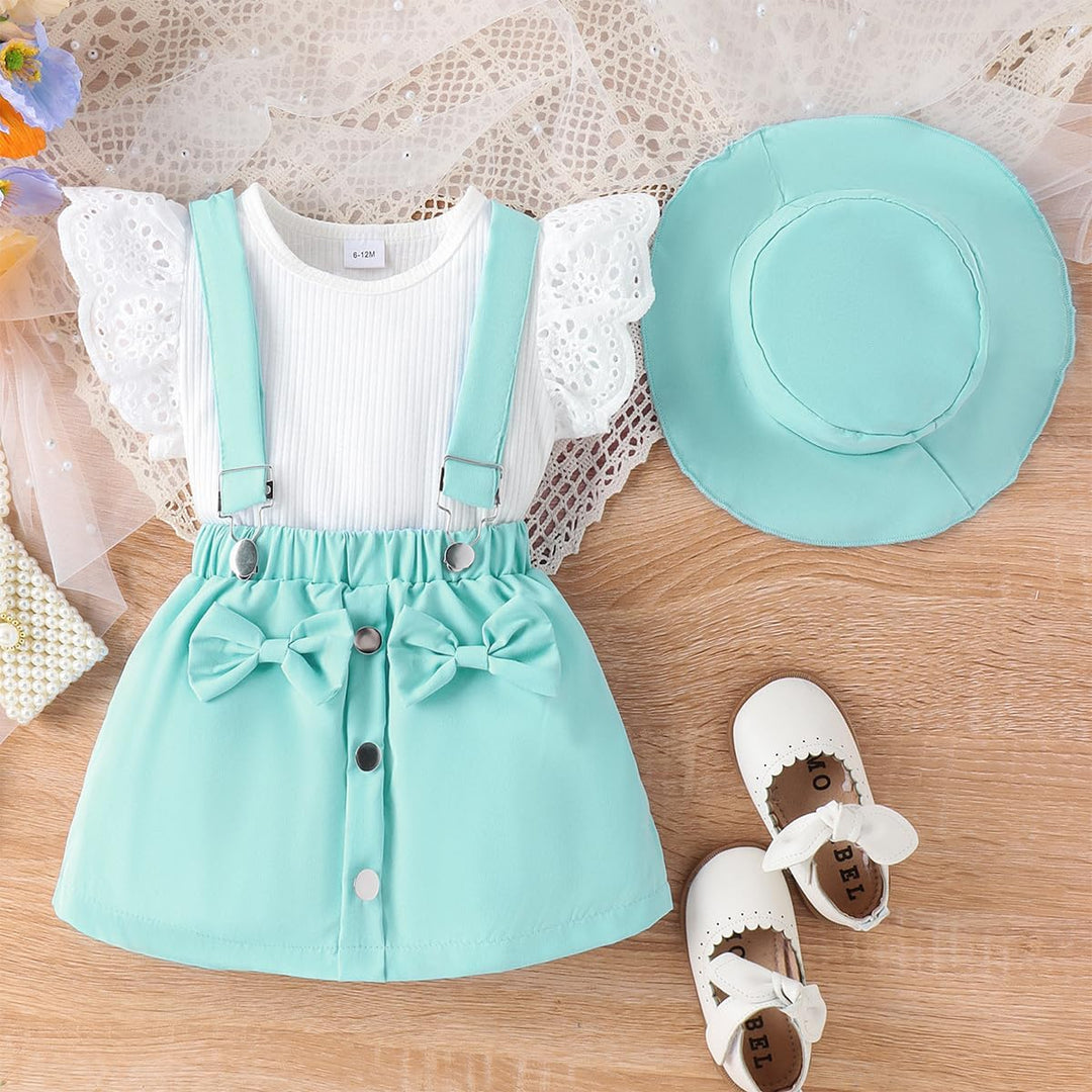 Kleinkind Baby Mädchen Rüschen Hosenschlitz Kurzarm Geripptes Oberteil + Schleife Strapsrock Overall