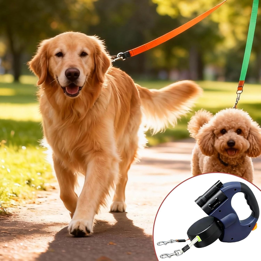 Einziehbare Hundeleine für 2 Hunde, 3m Doppelleine für 2 Hunde mit Licht, Anti Rutsch Griff, auszieh