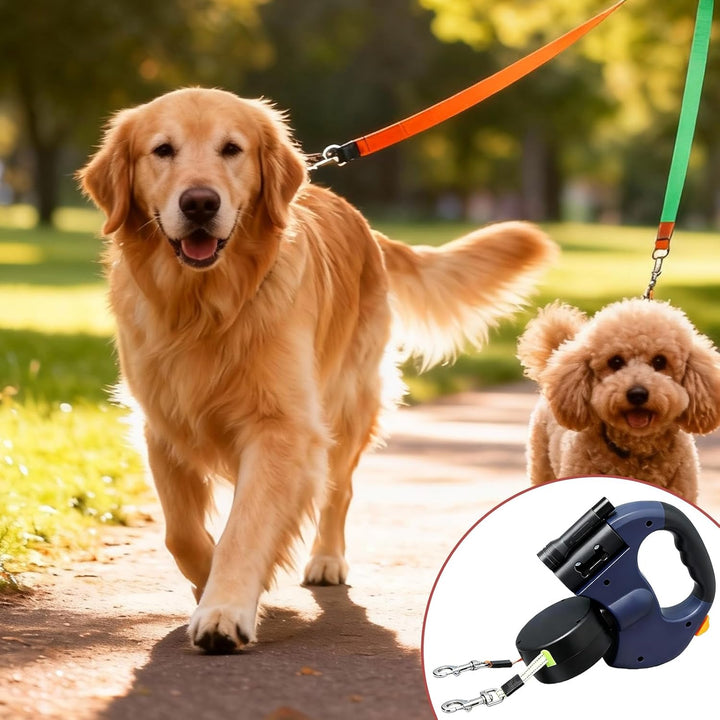 Einziehbare Hundeleine für 2 Hunde, 3m Doppelleine für 2 Hunde mit Licht, Anti Rutsch Griff, auszieh