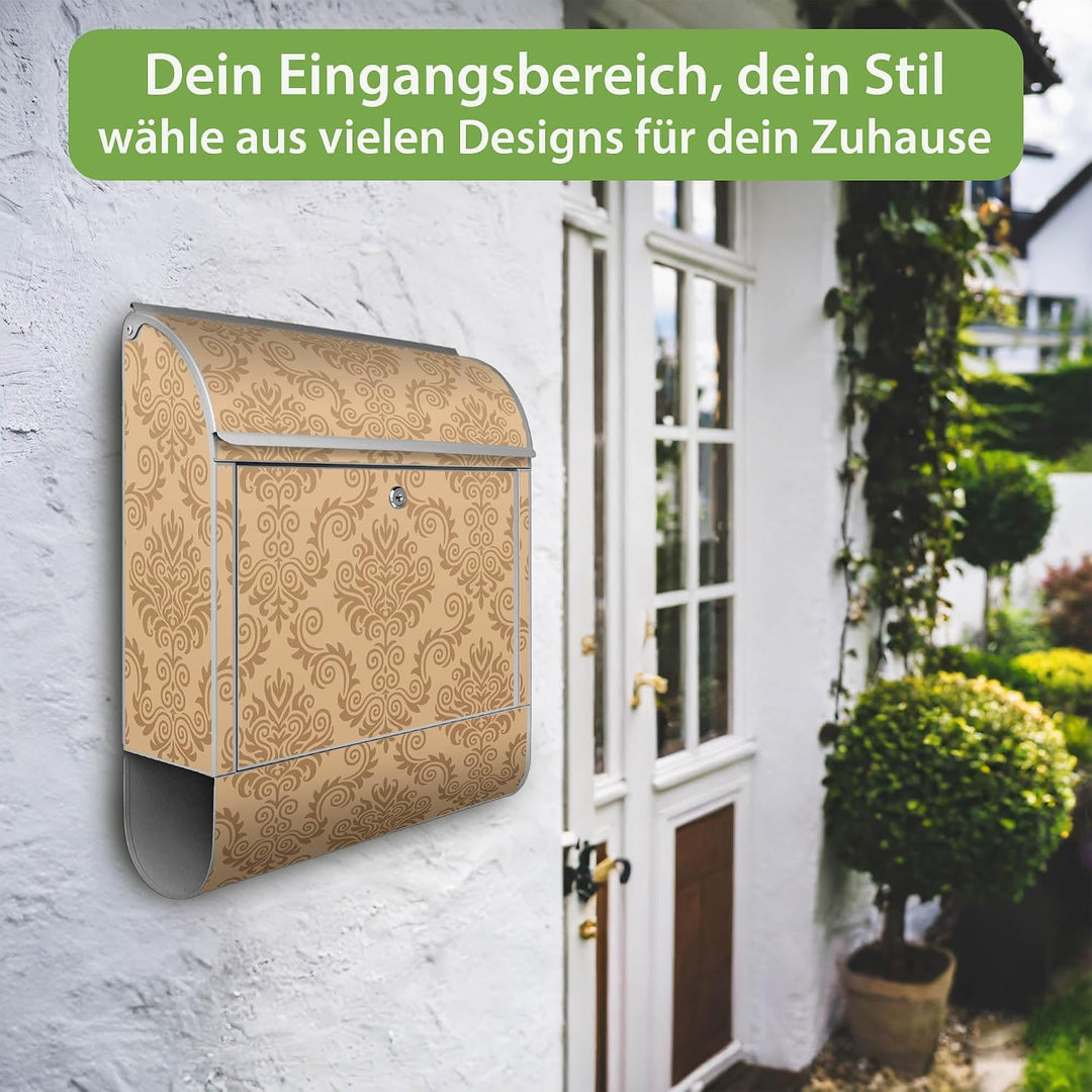 banjado® Design Briefkasten mit Motiv Tapete Beige 39x47x14cm &amp; 2 Schlüssel - Briefkasten Stahl Silb