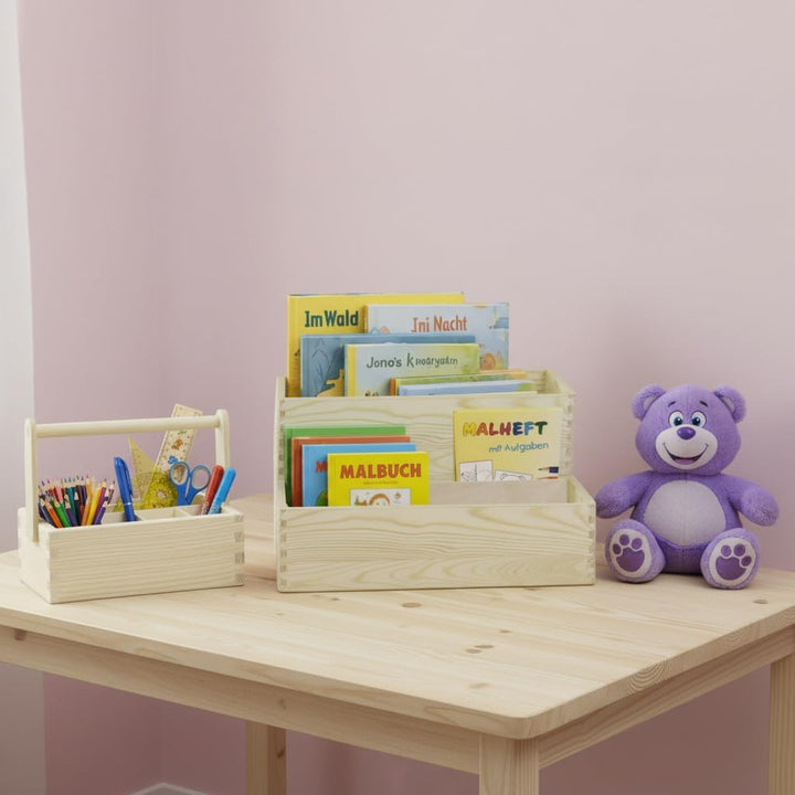 Bücherregal Bücherkiste Kinder Holzkiste mit Fachteiler + Aufsatzkiste