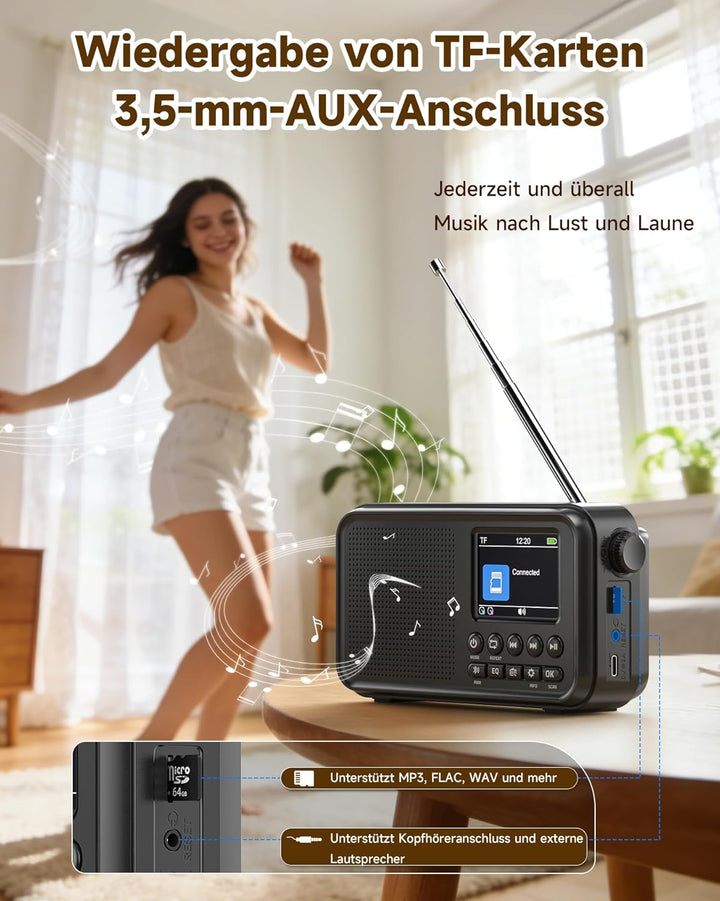Roxicosly Tragbares DAB/DAB+ Radio, 80 Voreingestellte, UKW Digital Radio mit 3000-mAh Akku, Küchenr