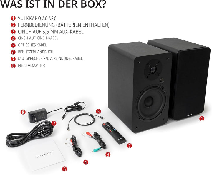 VULKKANO A6 ARC Aktivlautsprecher mit 6.5" Woofer, Bluetooth 5.0, HDMI ARC, Optische, RCA, USB, mit