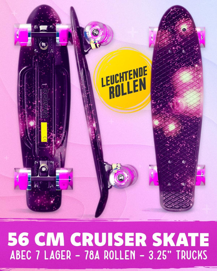 Deleven Skateboard mit LED Rollen, Skate Tool und ABEC 7 Lager - Kinder Erwachsene Anfänger - 56 cm