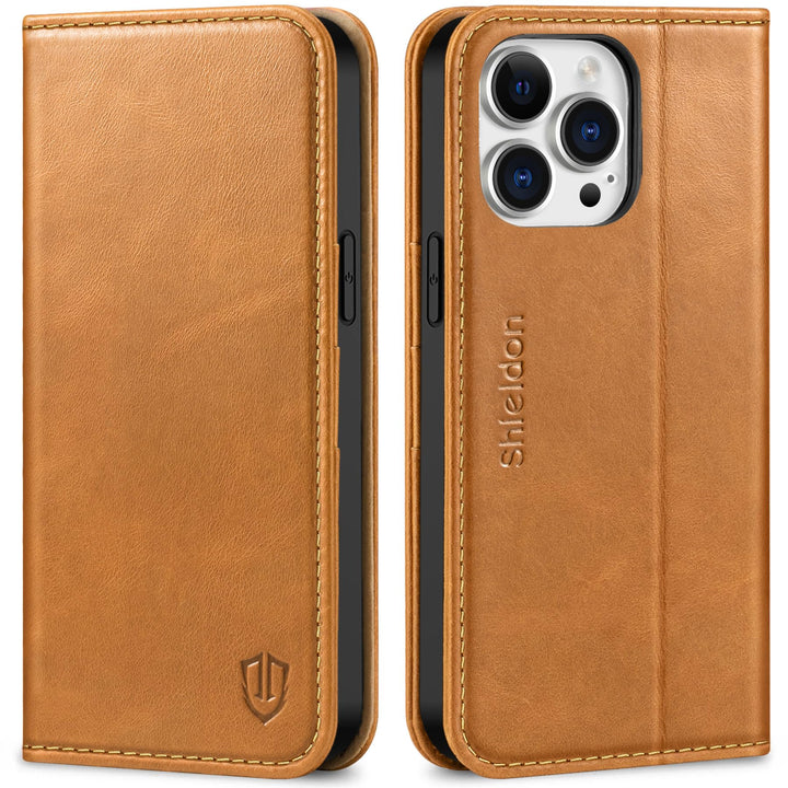 SHIELDON Hülle für iPhone 14 Pro Max Schutzhülle [Rindsleder] [Stossfest ] [Kartenfach] [Magnetversc