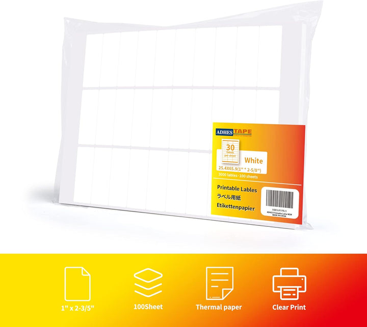 ADHES (1000 Blatt, 25.4mm*65.9mm) Thermodirekt-Etiketten, Druckbar Thermo Etiketten Weiss, Selbstkle