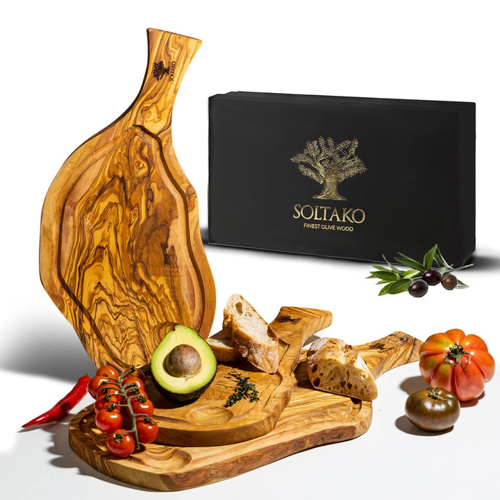 SOLTAKO Olivenholz Steakbrett mit Saftrille 3er Set (35/40/45cm) Schneidebretter aus Oliven Holz mit