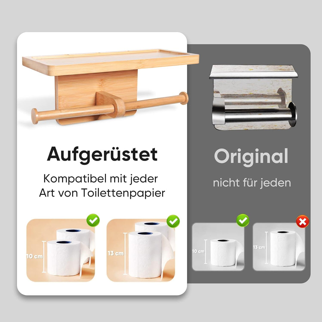 Toilettenpapierhalter Bambus, Doppelrollenhalter Klopapierhalter Ohne Bohren mit Ablage, Schnelle In
