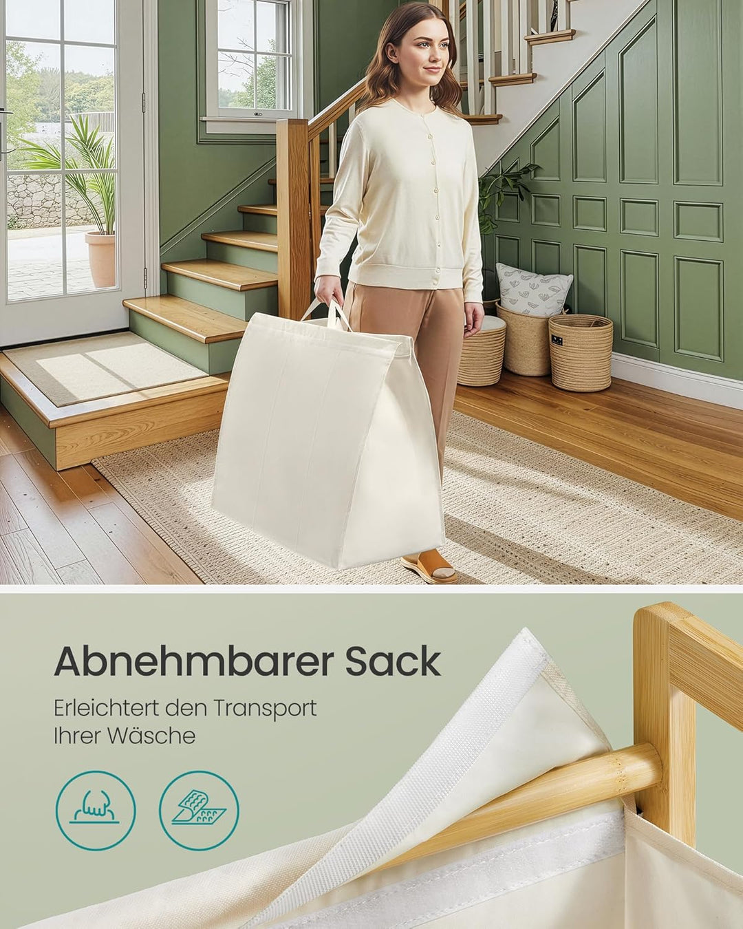 SONGMICS Wäschekorb 3 Fächer, Wäschesammler mit Bambusrahmen, verstärkter und abnehmbarer Deckel, Wä
