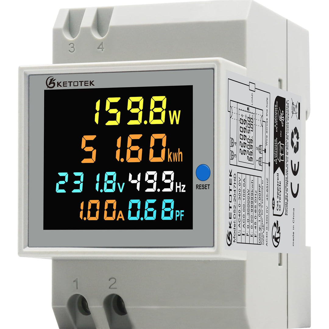 KETOTEK Stromzähler Hutschiene, Digitaler Energiezähler 6in1, AC40-300V 100A Wechselstromzähler KWh