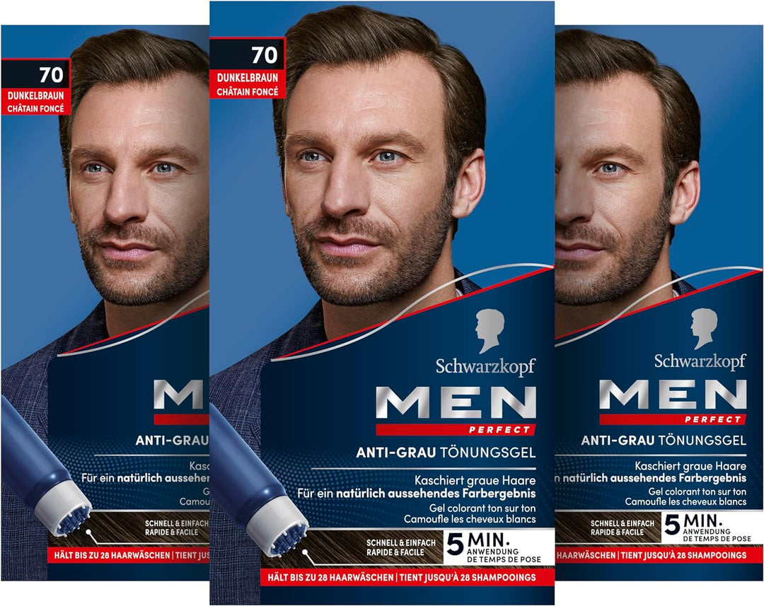 Schwarzkopf Men Perfect Anti-Grau Tönungs-Gel 70 Dunkelbraun (3 x 80 ml), Haarfarbe für Männer blend