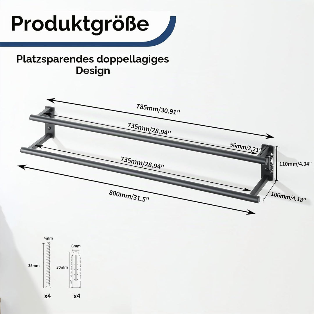 80CM Handtuchhalter Wand, SUS304 Edelstahl Doppelter Gästehandtuchhalter,Handtuchhalter Schwarz Rost