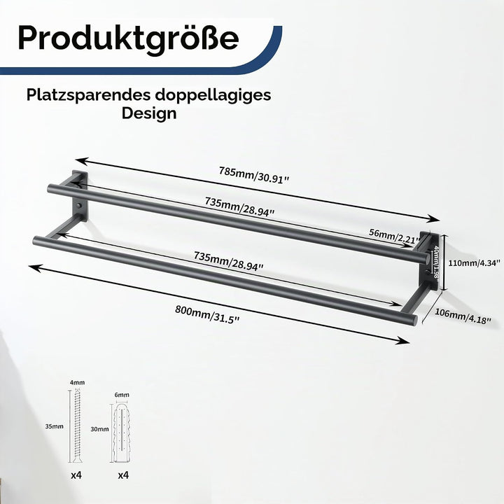 80CM Handtuchhalter Wand, SUS304 Edelstahl Doppelter Gästehandtuchhalter,Handtuchhalter Schwarz Rost