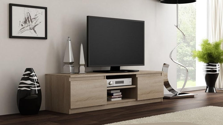 VBChome TV-Schrank 140 x 40 x 36 cm Eiche Sonoma Griffelose Tv-Regal Fernsehtisch mit 2 Türen Holz M
