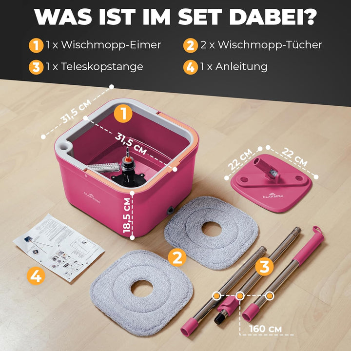 Wischmopp Set mit Eimer, 2-Kammer-System & 2 Mikrofaser-Pads, Flachmopp Bodenwischer mit Edelstahlst