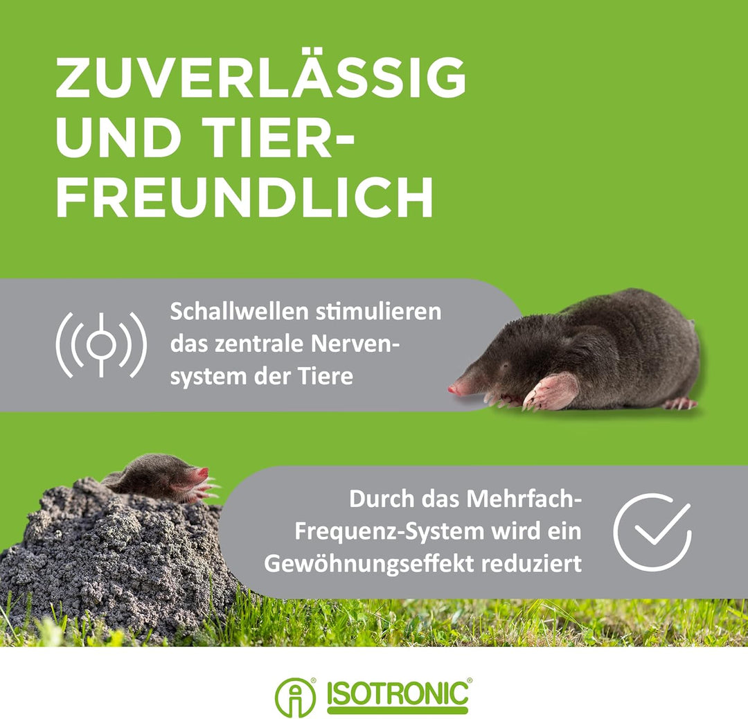 ISOTRONIC Solar Maulwurfabwehr zum Vertreiben von Maulwürfen, Wühlmäusen & Schlangen – Maulwurfschre