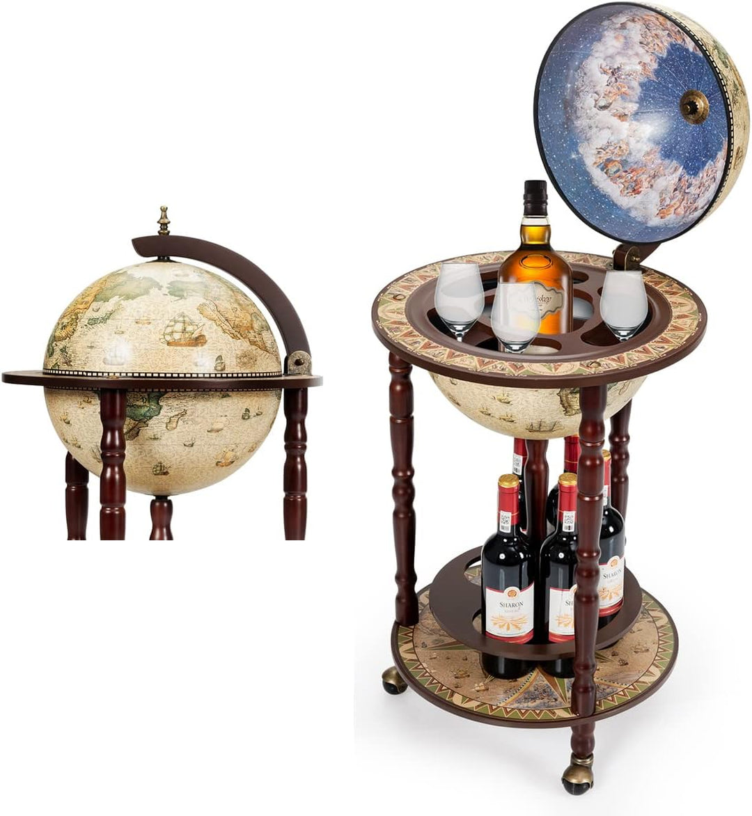 RELAX4LIFE Globusbar mit Rollen, Minibar Massivholz, Weinregal Flaschenregal mit Bodenplatte, Barwag