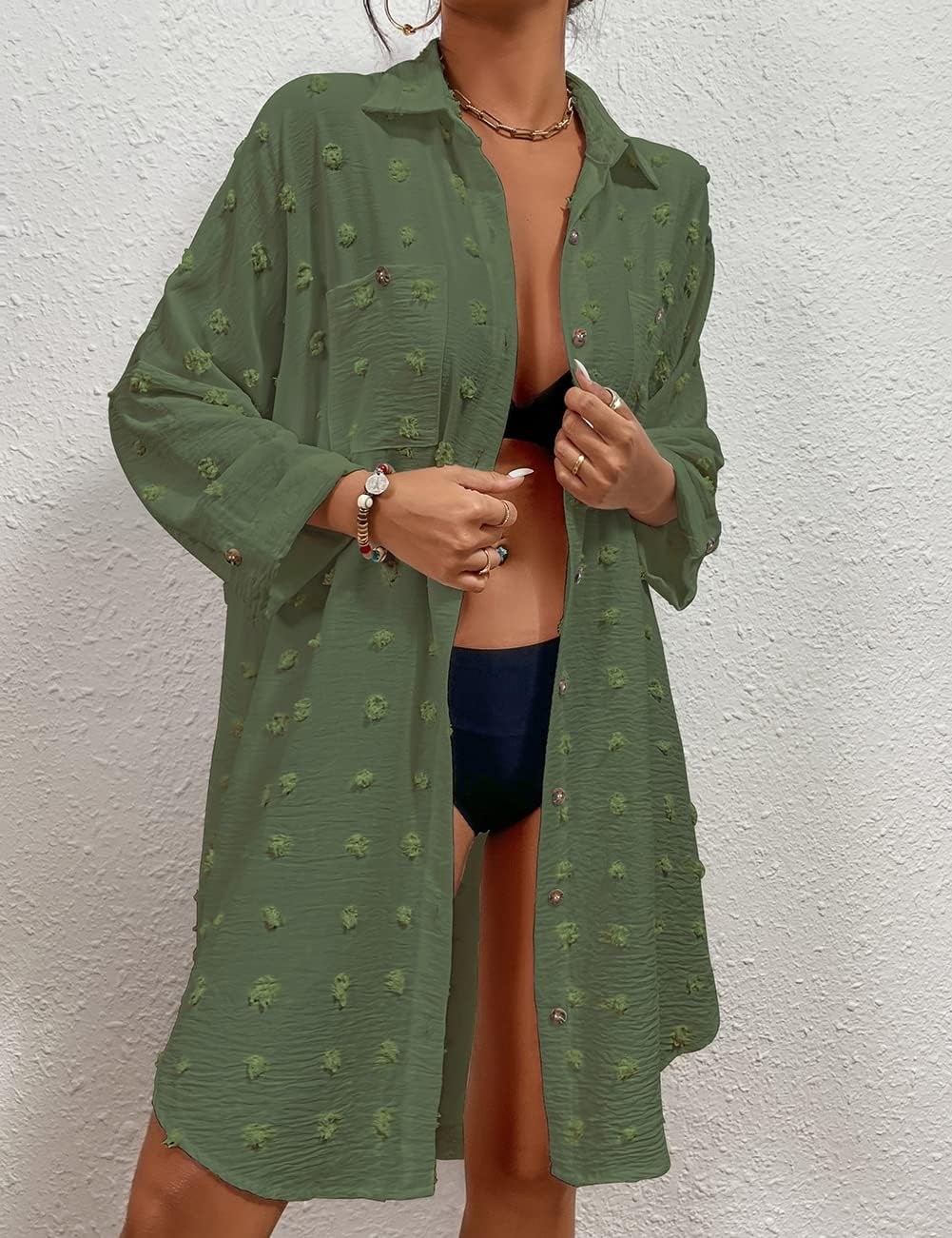 Bsubseach Damen-Badeanzug-Coverup Button-Down-Hemdkleider Swiss Dot Tops J-army Green, J-army Green