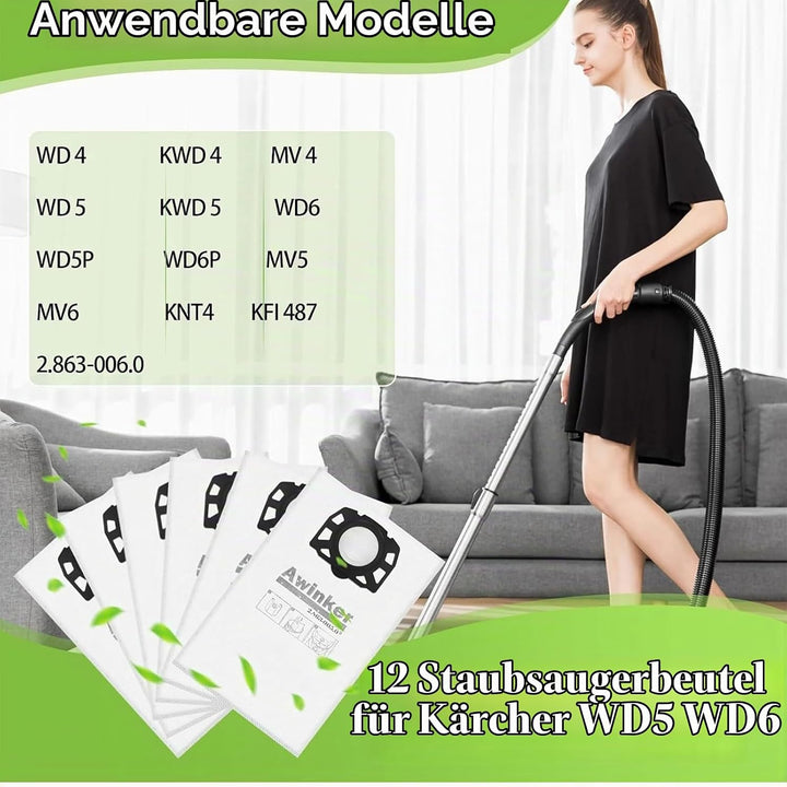 10 Stück Staubsaugerbeutel für Kärcher 2.863-006.0 Vliesfilterbeutel 487 Ersatzbeutel WD4 WD5 WD6 WD