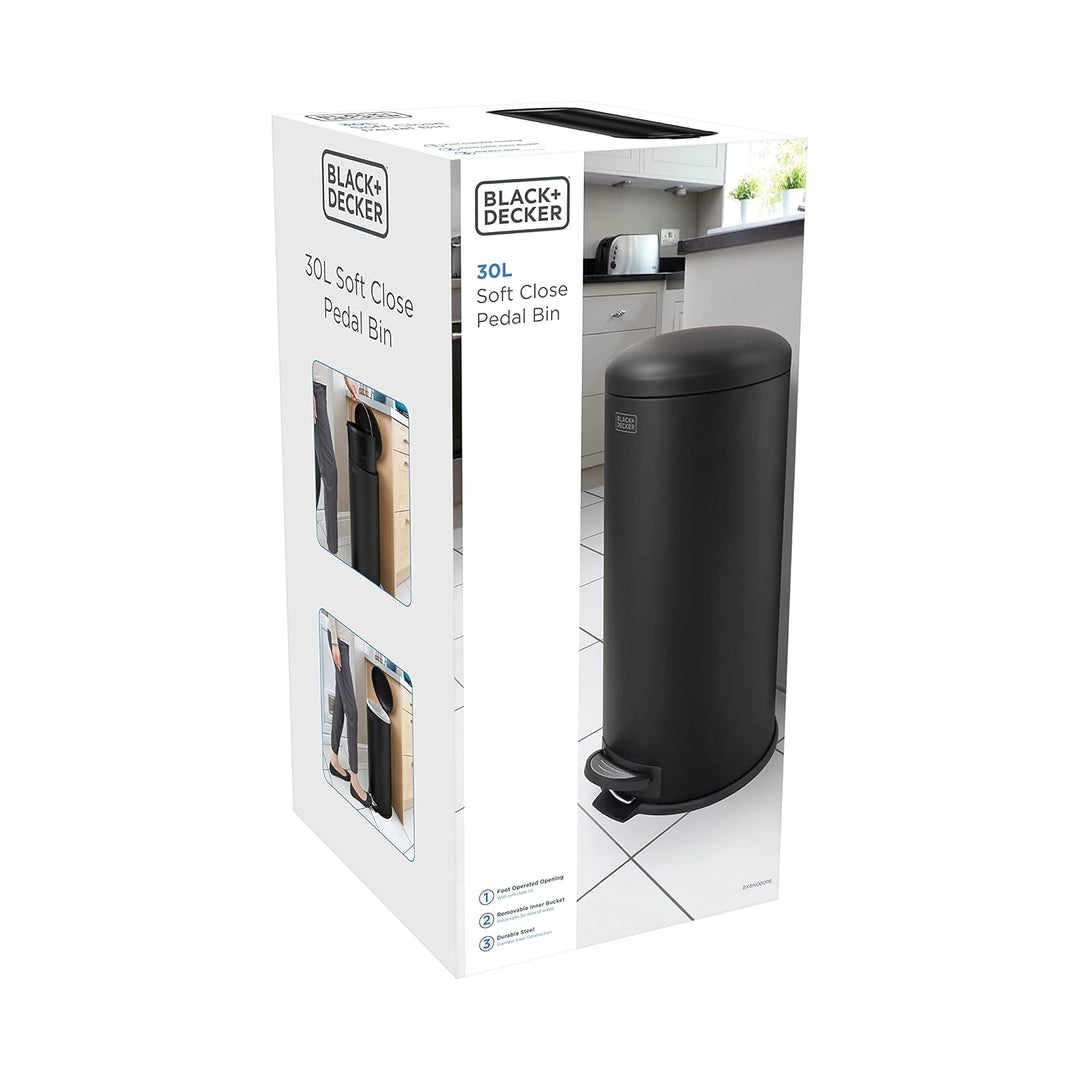 Black+Decker Treteimer mit Absenkautomatik, 30 l, Edelstahl, mattschwarz
