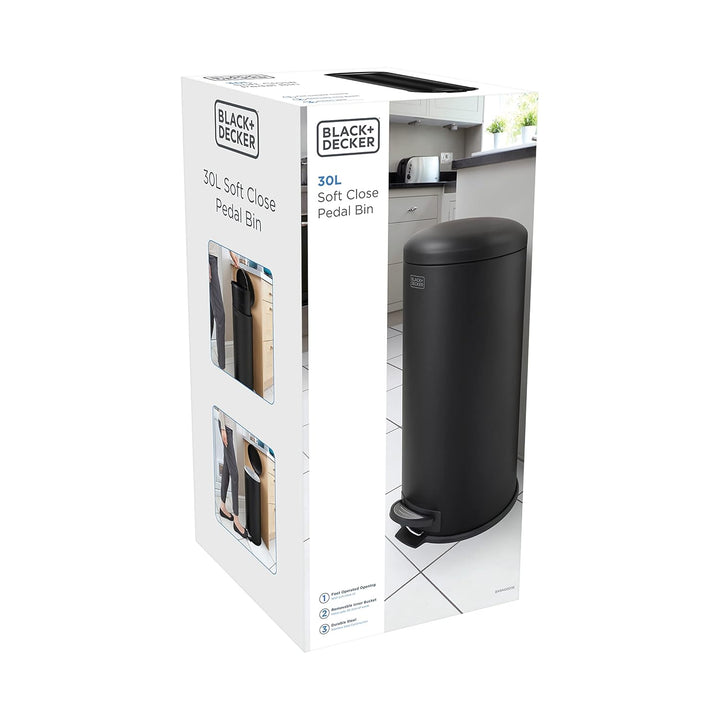 Black+Decker Treteimer mit Absenkautomatik, 30 l, Edelstahl, mattschwarz