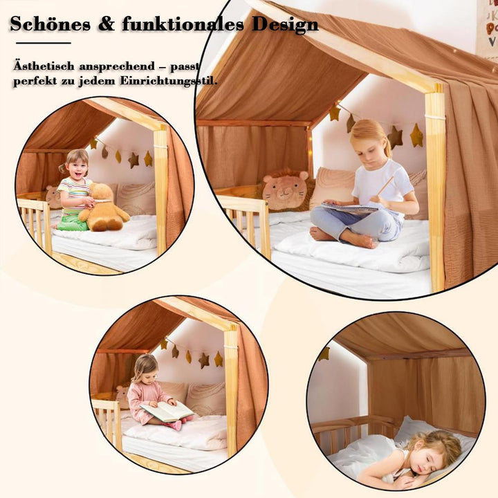 Hausbett Himmel, Hausbett Deko Set, 100% Bio-Musselin Baumwolle, Stoffhimmel für Hausbett Deko Mädch