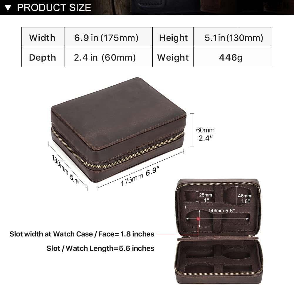 Hiram Multifunktionales Uhrenetui für 4 Uhren, tragbar, echtes Leder, Uhren-Organizer-Box für Damen