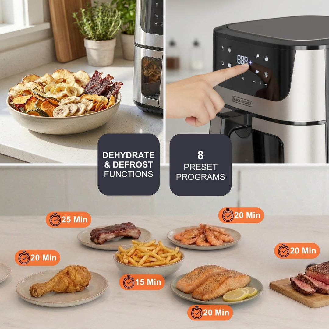 Black+Decker – Heissluftfritteuse BXAF8000E | 2000W | 8L | Dual-Heizung | 8 Programme | Defrost & De