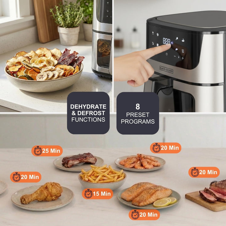Black+Decker – Heissluftfritteuse BXAF8000E | 2000W | 8L | Dual-Heizung | 8 Programme | Defrost & De