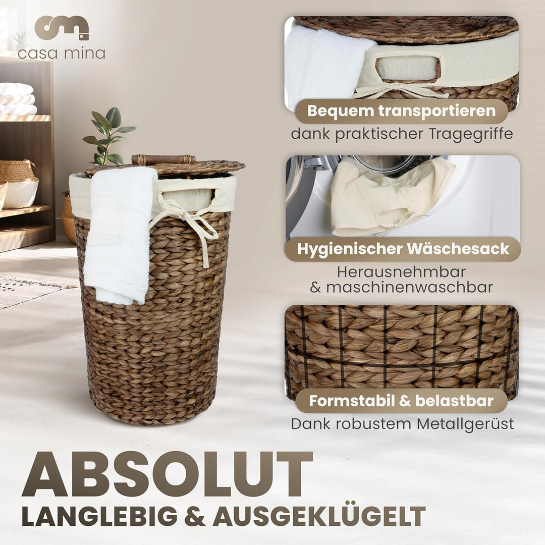 Casa Mina® Wäschesammler mit Deckel D35 x H55cm hoch I Atmungsaktiver Wäschekorb geflochten aus 100%