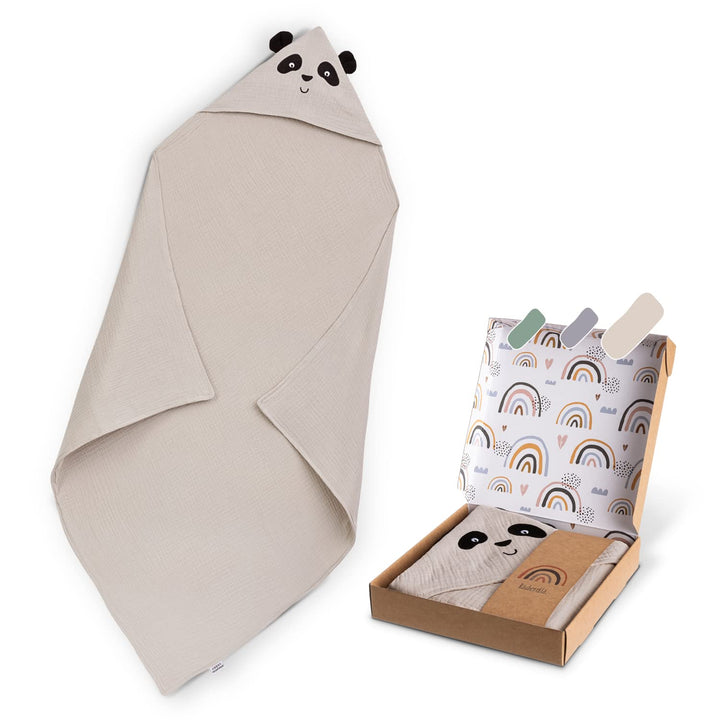 Räuberella® Panda-Kapuzenhandtuch Baby in Beige I 80x80cm I Musselin-Badetuch-Baby aus 100% Bio-Baum