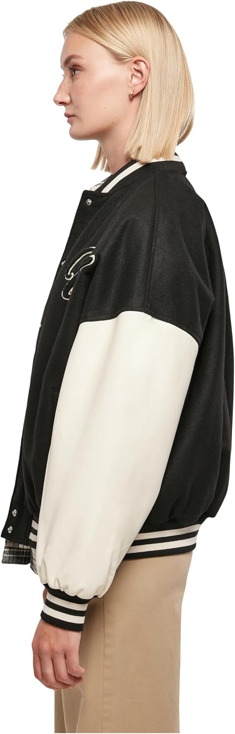 Urban Classics Damen Ladies Oversized Big U College Jacket Jacke S Black/Palewhite, S Black/Palewhit
