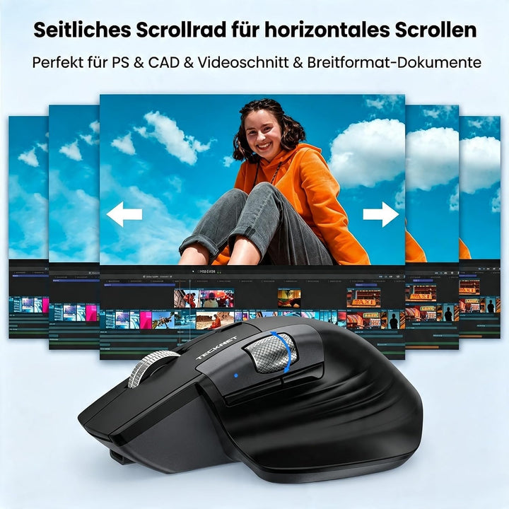 TECKNET Bluetooth Kabellose Maus, Turbo Scrollrad und Seitliches Mausrad Schwarz Mittel bis gross, S