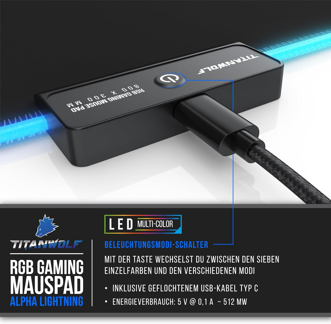 TITANWOLF - RGB Gaming Mauspad - LED Schreibtischunterlage - 800x300 mm - XXL Mousepad - LED Multi C