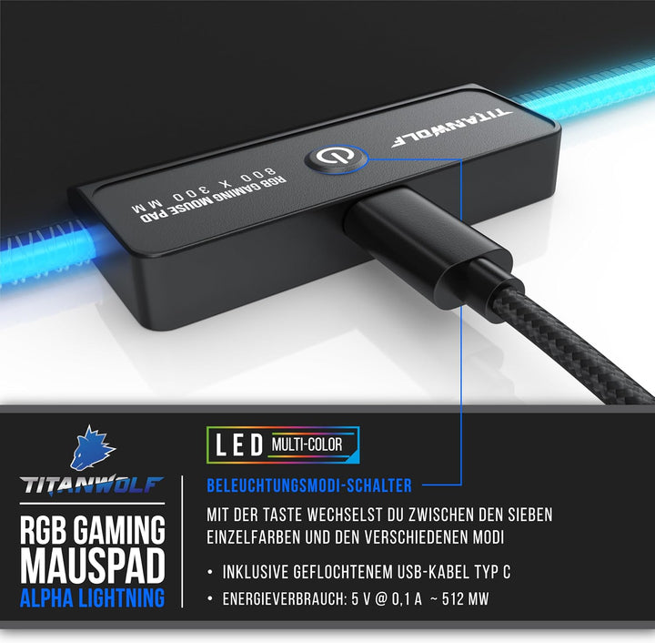 Titanwolf - XXXL RGB Gaming Mauspad – 1200 x 600 mm - Mousepad - LED Multi Color - 7 LED Farben Plus