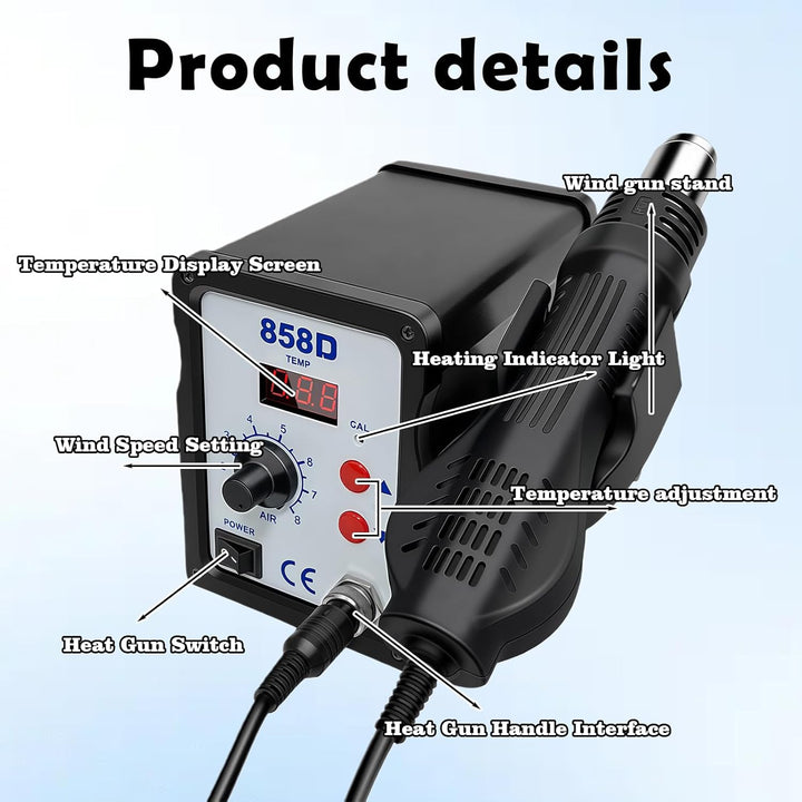 700W Heissluft Lötstation, 858D Hot Air Rework Station mit LED Display und 3 Düsen, 2-in-1 Entlötsta