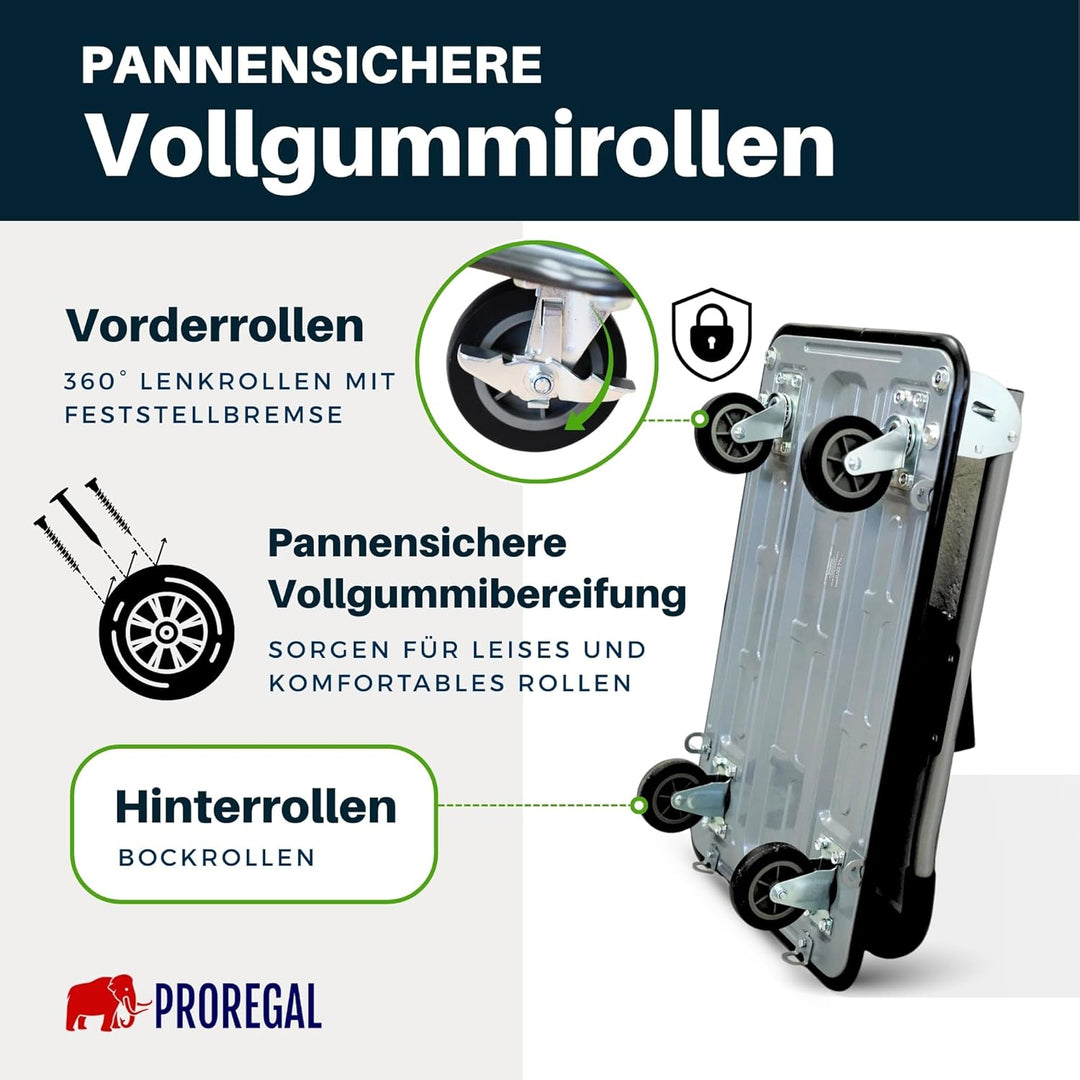 PROREGAL Profi-Plattformwagen Transportwagen Rhino 150kg klappbar mit Gummiräder, 360° Lenkrollen &
