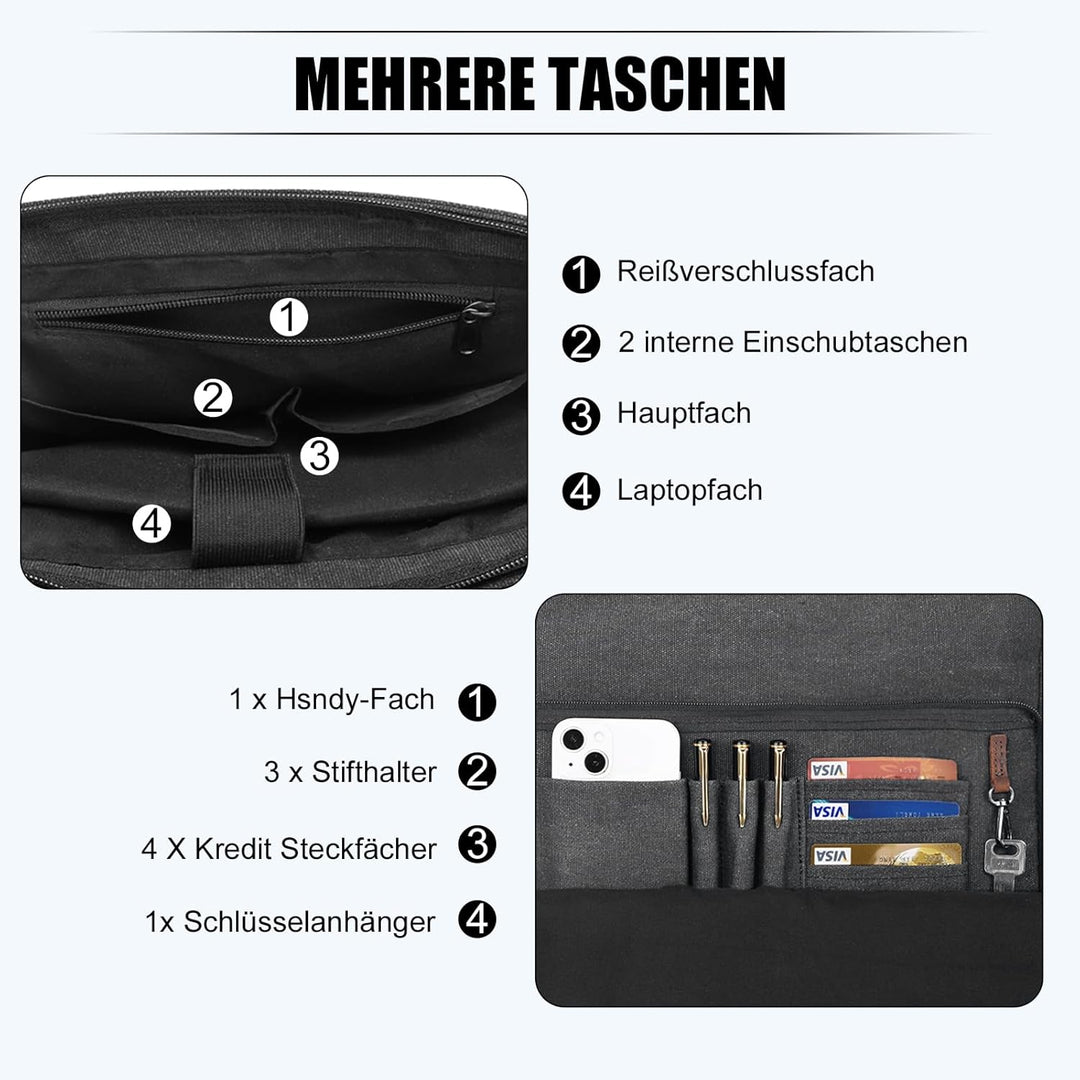 Eshow Umhängetasche Herren Wasserabweisend, Laptoptasche 17,3 Zoll aus Echtleder und Canvas, Messeng