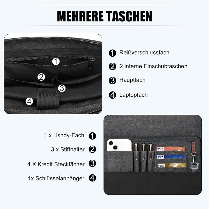 Eshow Umhängetasche Herren Wasserabweisend, Laptoptasche 17,3 Zoll aus Echtleder und Canvas, Messeng