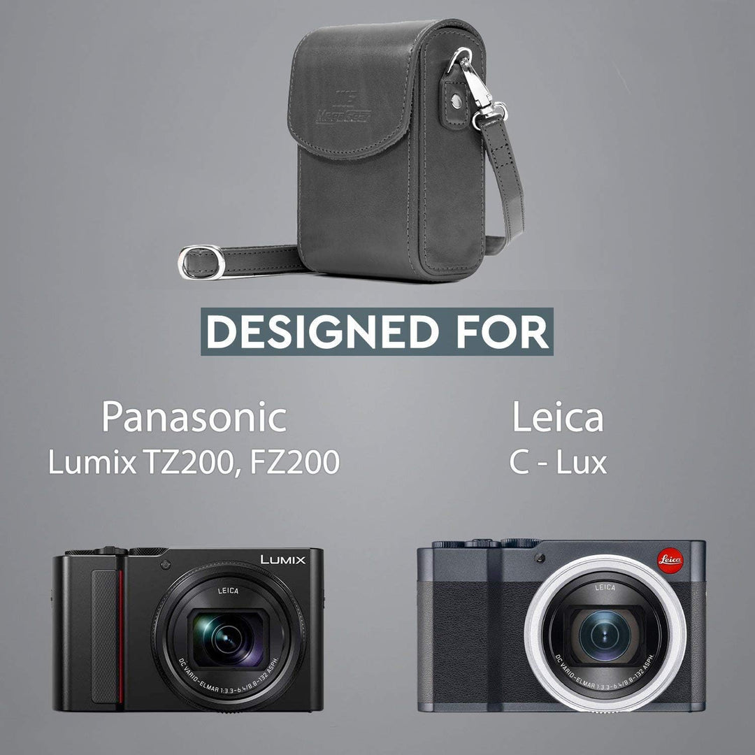 MegaGear MG1433 Panasonic Lumix DC-ZS200, TZ200, Leica C-Lux Leder Kameratasche mit Trageriemen, Gra
