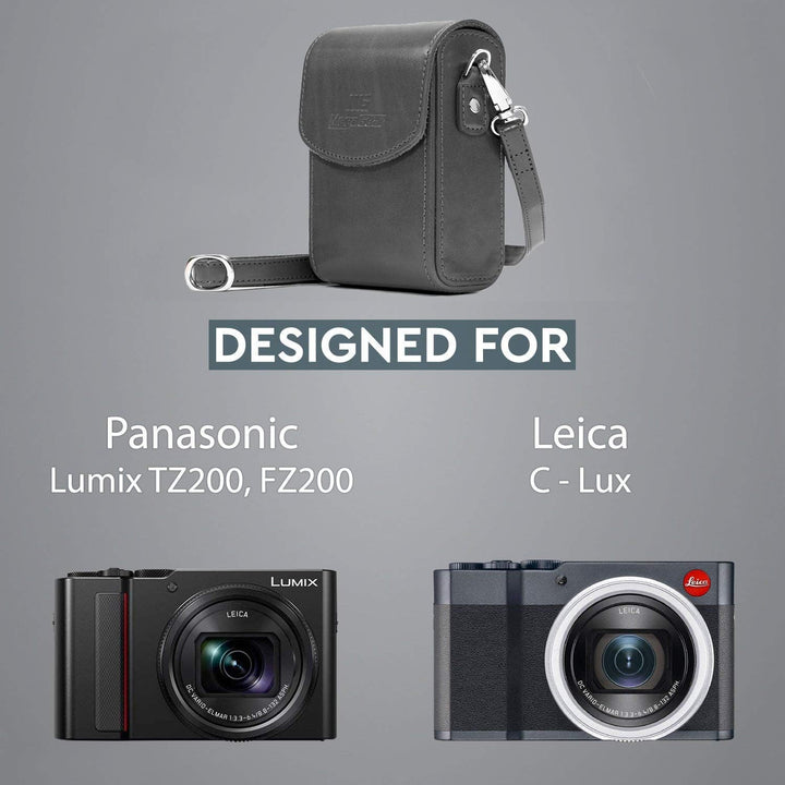 MegaGear MG1433 Panasonic Lumix DC-ZS200, TZ200, Leica C-Lux Leder Kameratasche mit Trageriemen, Gra