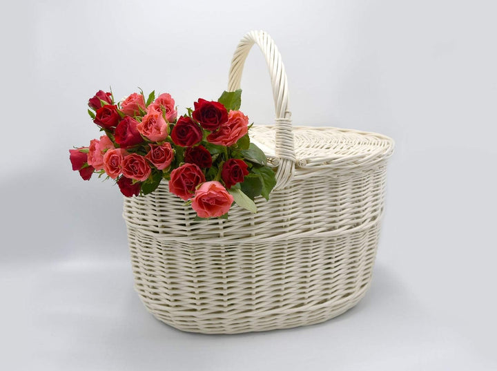 MyBer® Korb Picknickkorb Tragekorb mit 2 Deckeln Weidenkorb Vollweide Einkaufskorb geflochten weiss