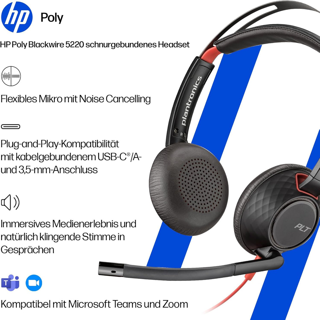 Poly Blackwire 5220 schnurgebundenes Headset, Flexibler Mikrofonarm mit Noise Cancelling, Ergonomisc