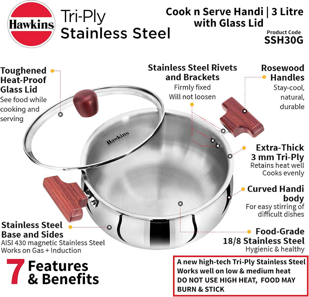Hawkins 3 Liter Cook n Serve Handi Triply Edelstahl Handi mit Glasdeckel, Induktionssaucenpfanne, St