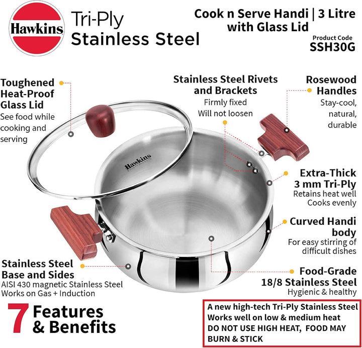 Hawkins 3 Liter Cook n Serve Handi Triply Edelstahl Handi mit Glasdeckel, Induktionssaucenpfanne, St