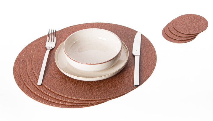 Nikalaz Rund Platzsets und Untersetzer aus recyceltem Leder, 4 Stück Platzdeckchen 33 cm und 4 Unter