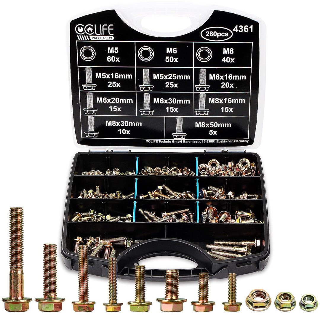 CCLIFE 280tlg Flansch Schrauben DIN 6921 und Muttern DIN 6923 Set Sechskantschrauben Vollgewinde Sor