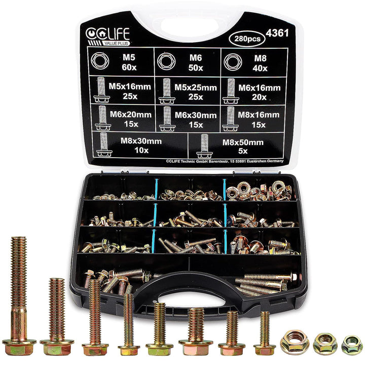 CCLIFE 280tlg Flansch Schrauben DIN 6921 und Muttern DIN 6923 Set Sechskantschrauben Vollgewinde Sor